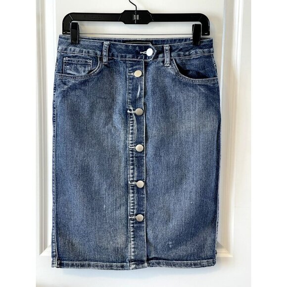 Cato Premium Denim Straight Pencil Skirt 6 Back Slit button front distressing - Picture 1 of 5